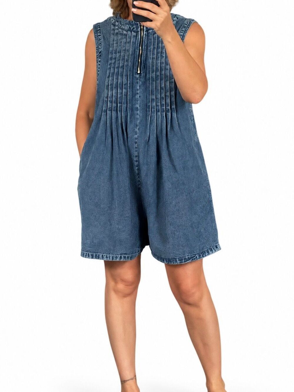 Women’s Blue Denim Wide-Leg Romper with Pockets